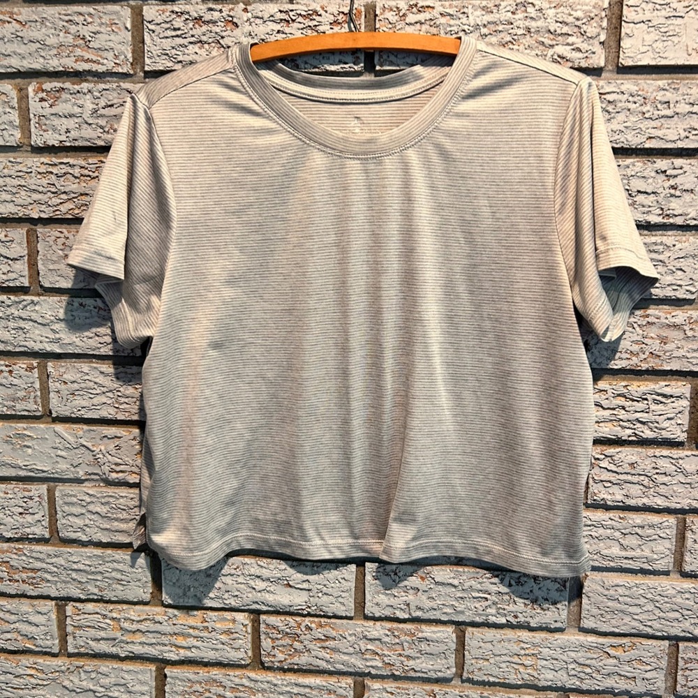 Danskin Womens Gray Striped Short Sleeve Activewear Workout Top Size L